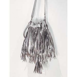 Vegan Silver Fringe Bucket Bag
